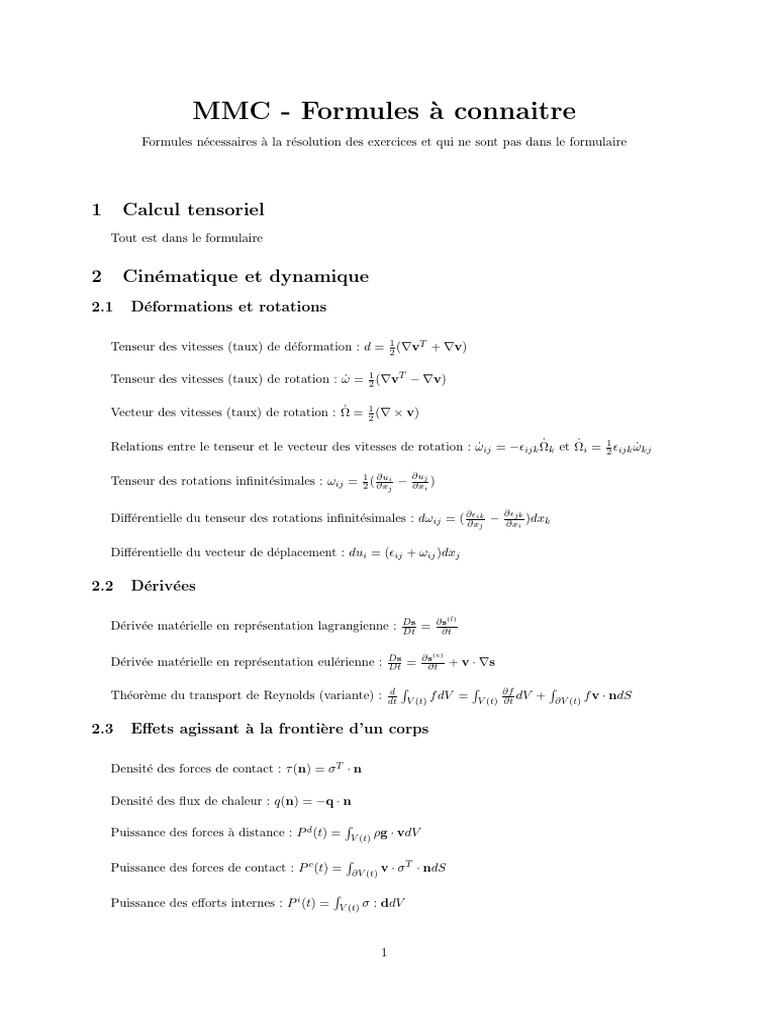 Formules essentielles en mécanique des fluides | PDF | Tenseur | Rotation