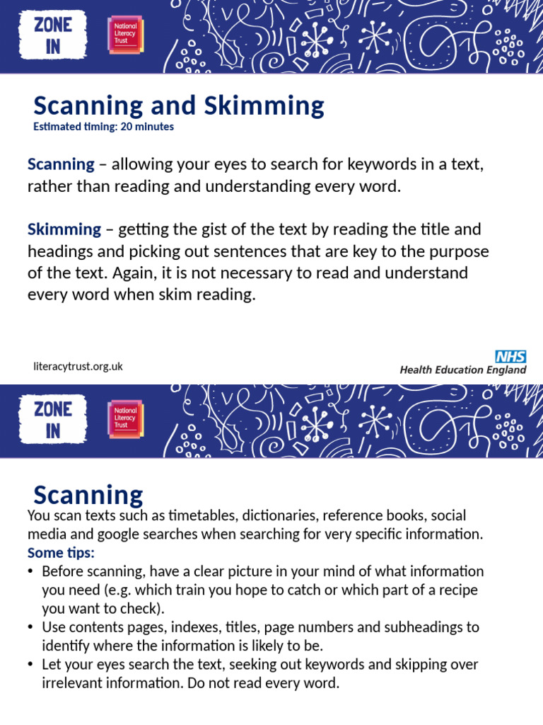Scanning and Skimming Techniques Guide | PDF | Apprenticeship | First Aid