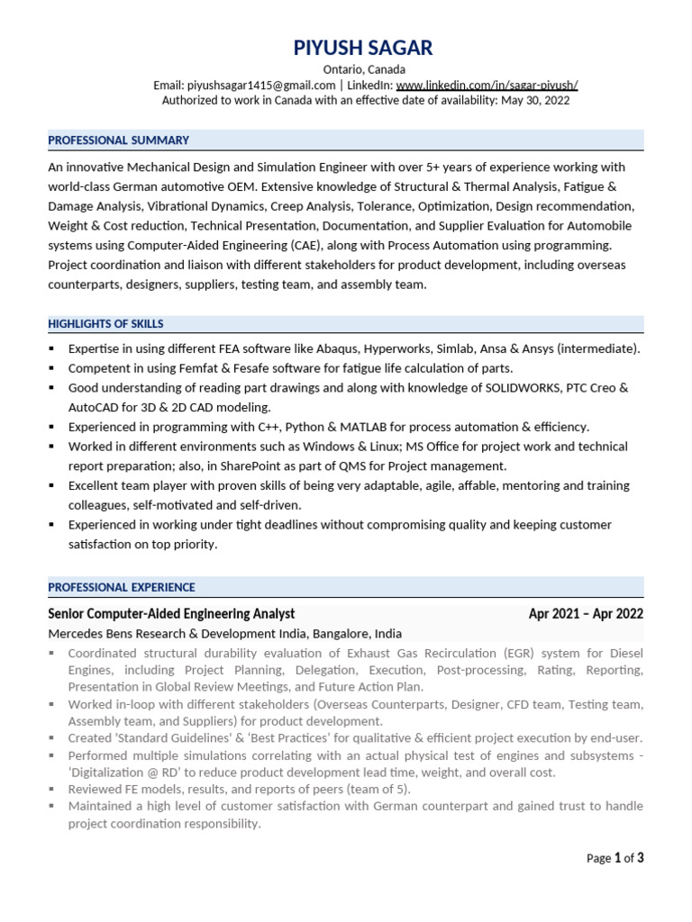Piyush Sagar: Mechanical Design Engineer | PDF | Engineering | Finite ...