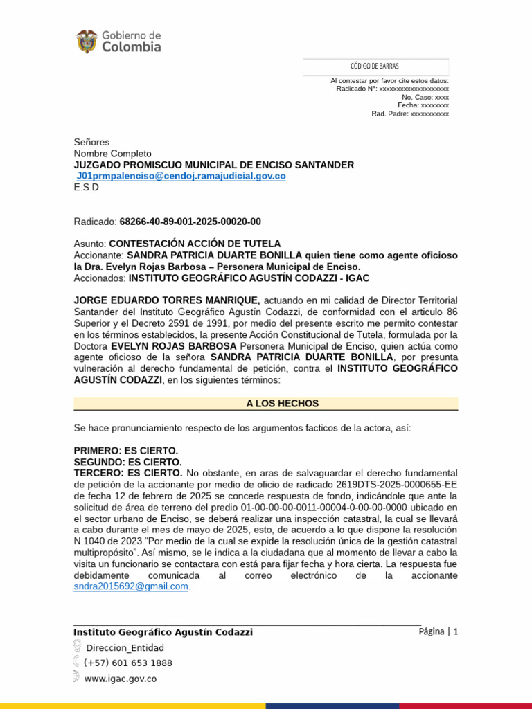 Contestación de Acción de Tutela - Sandra Patricia Duarte Bonilla | PDF ...