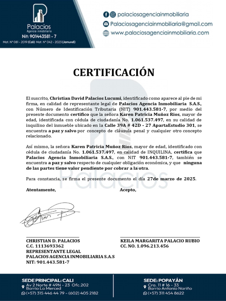 Certificación de Paz y Salvo Inquilino | PDF