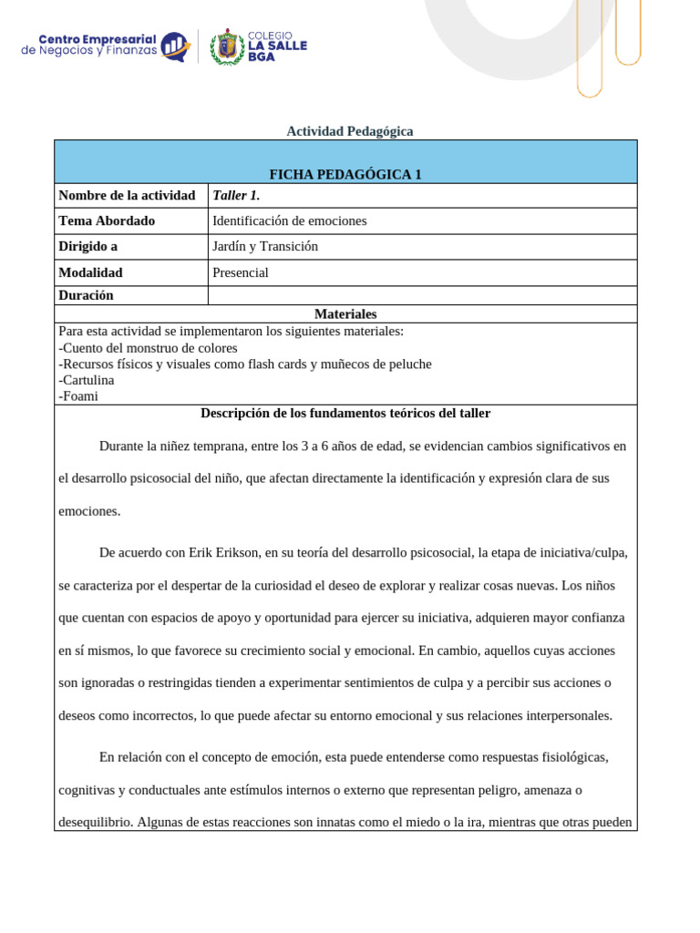 Taller de Identificación Emocional Infantil | PDF | Las emociones ...