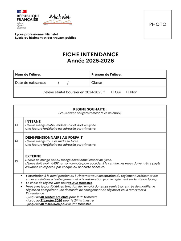 3 - Fiche Intendance 2025-2026 | PDF