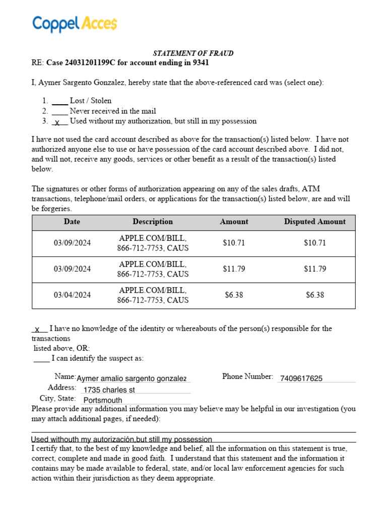 Fraud Statement for Case 24031201199C | PDF
