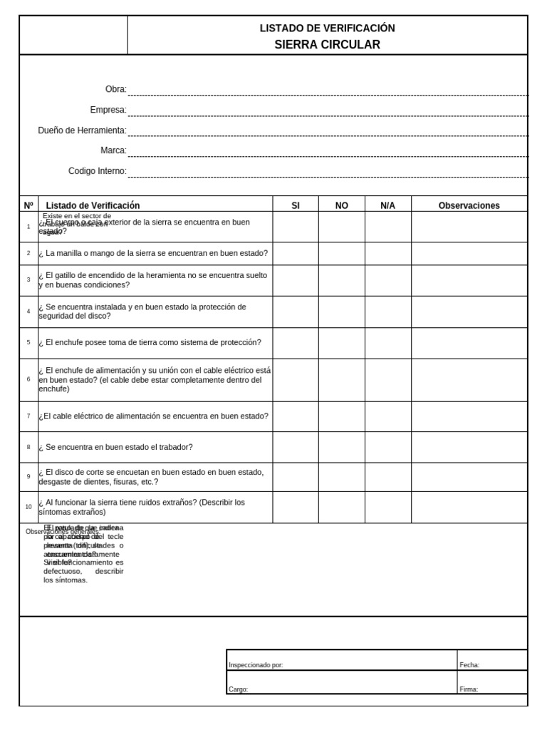 Verificación de Sierra Circular: Checklist | PDF