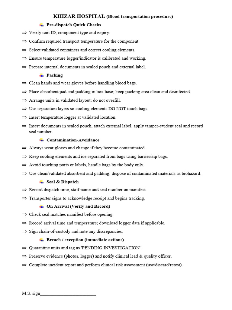 Blood Transportation Procedure Guide | PDF