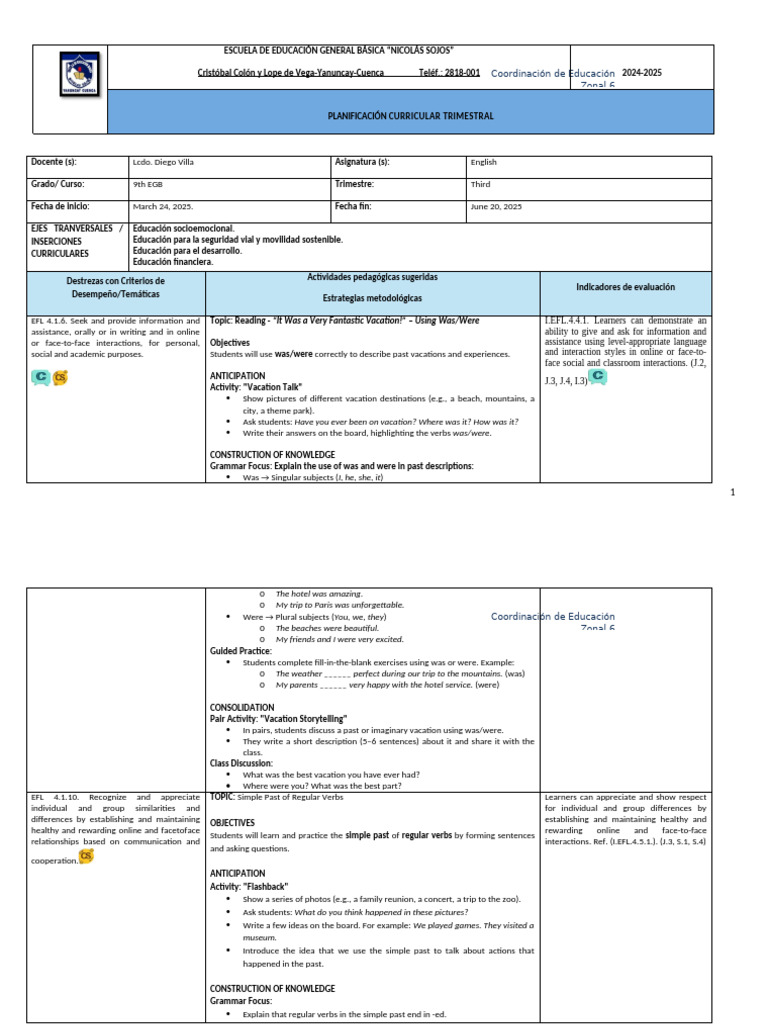 9th EGB English Curriculum Plan 2024-2025 | PDF | Subject (Grammar ...