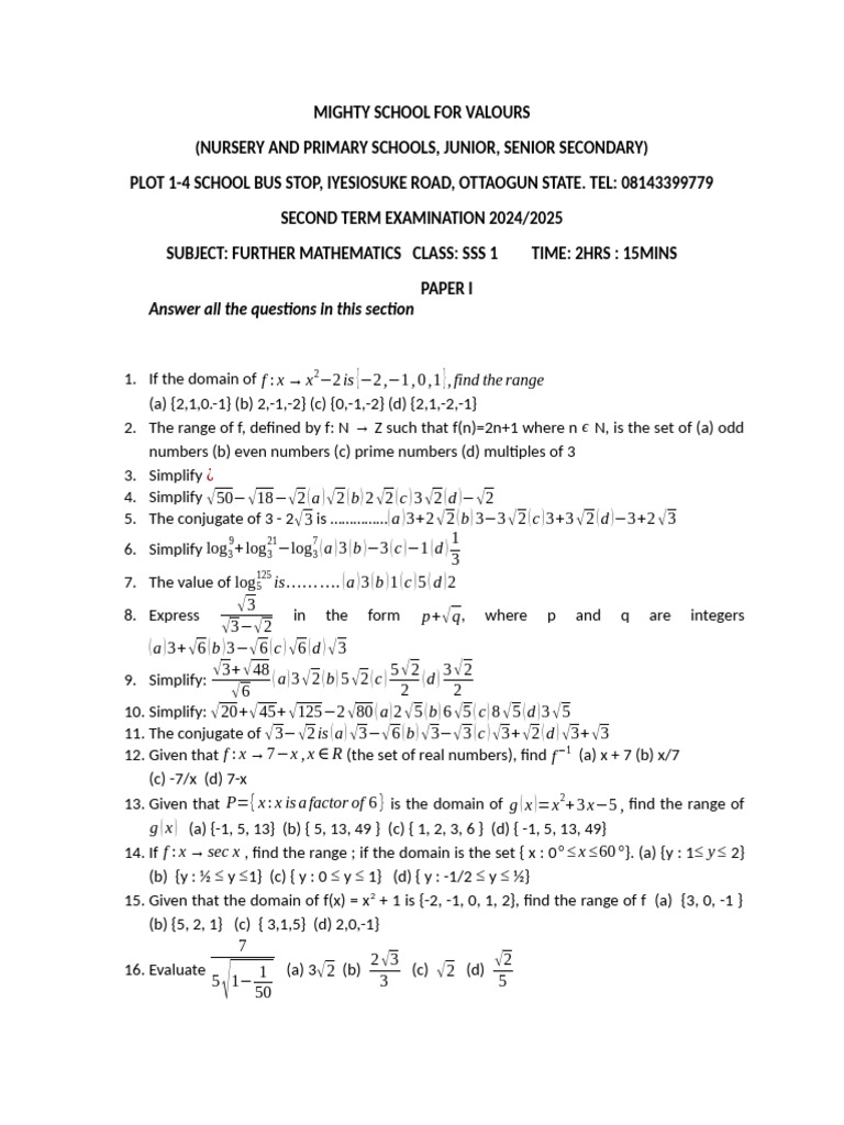 Further Mathematics Exam SSS 1 2024/2025 | PDF | Square Root | Algebra