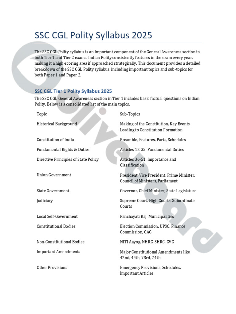 SSC CGL 2025 Polity Syllabus Overview | PDF | Justice | Crime & Violence