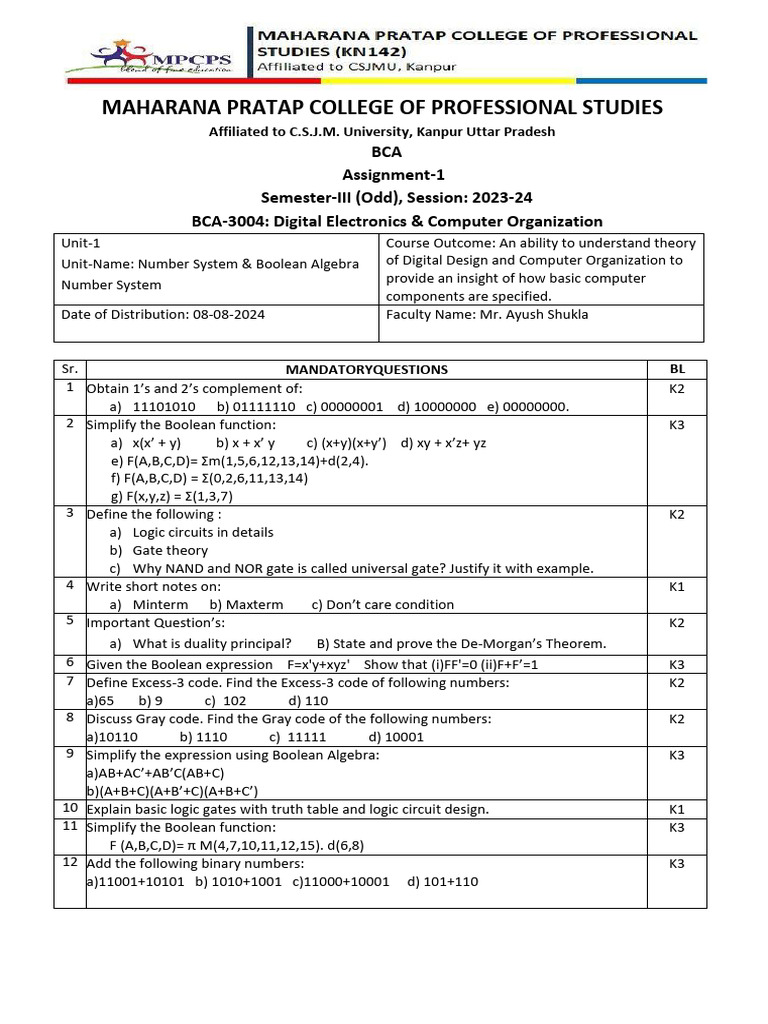 Digital Electronics Assignment-1 | PDF | Boolean Algebra | Teaching ...