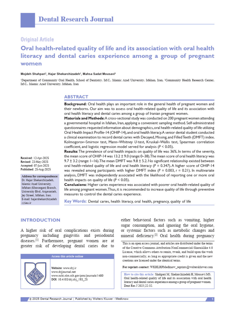 Oral Health Quality of Life in Pregnancy | PDF | Dentistry | Logistic ...
