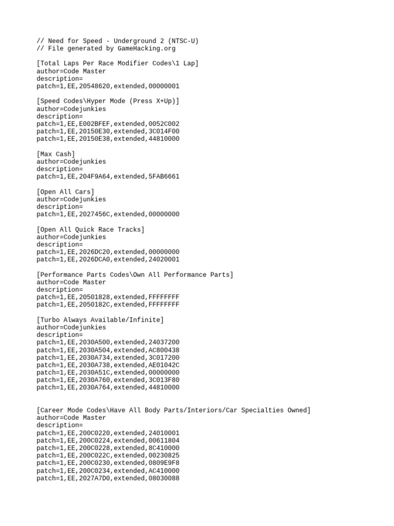NFS Underground 2 Cheat Codes Guide | PDF