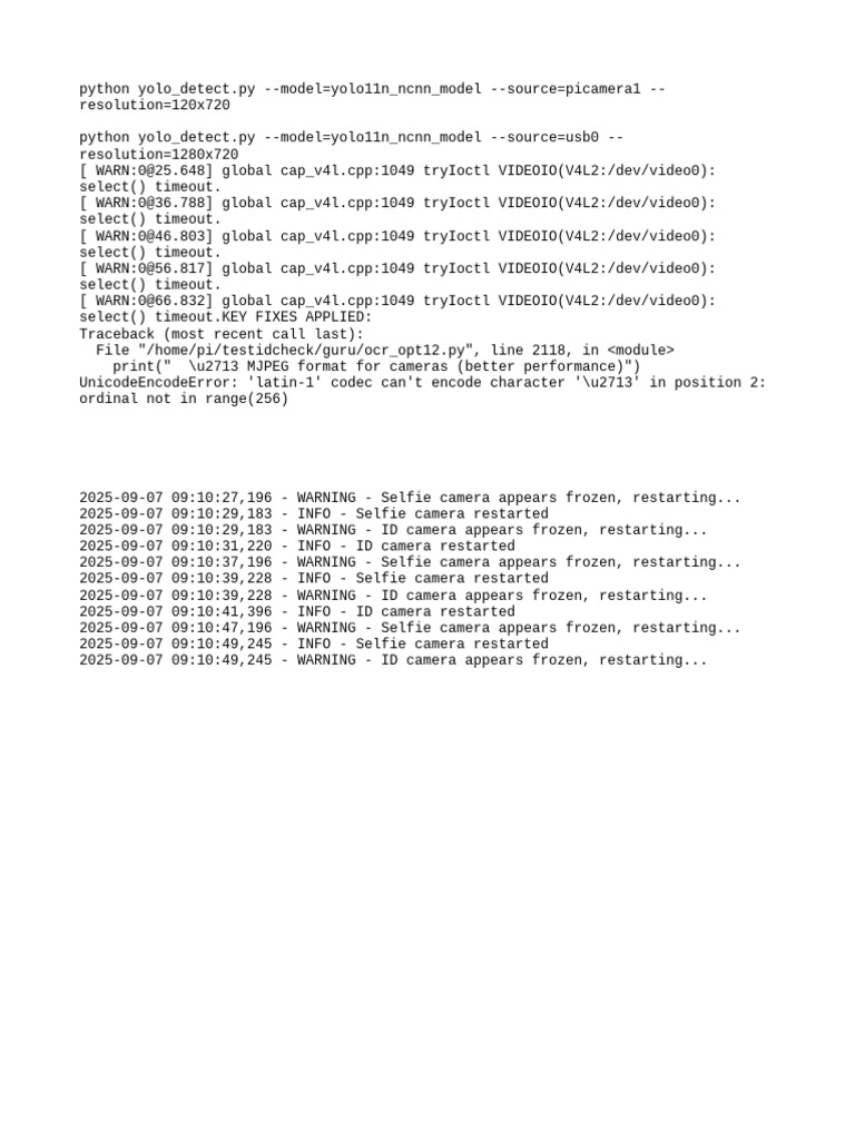 Camera Timeout and Restart Warnings | PDF