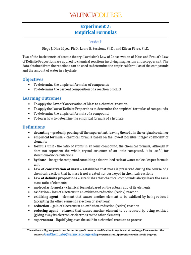 1045 Exp2 Empiricalformulas | PDF | Redox | Chemical Compounds