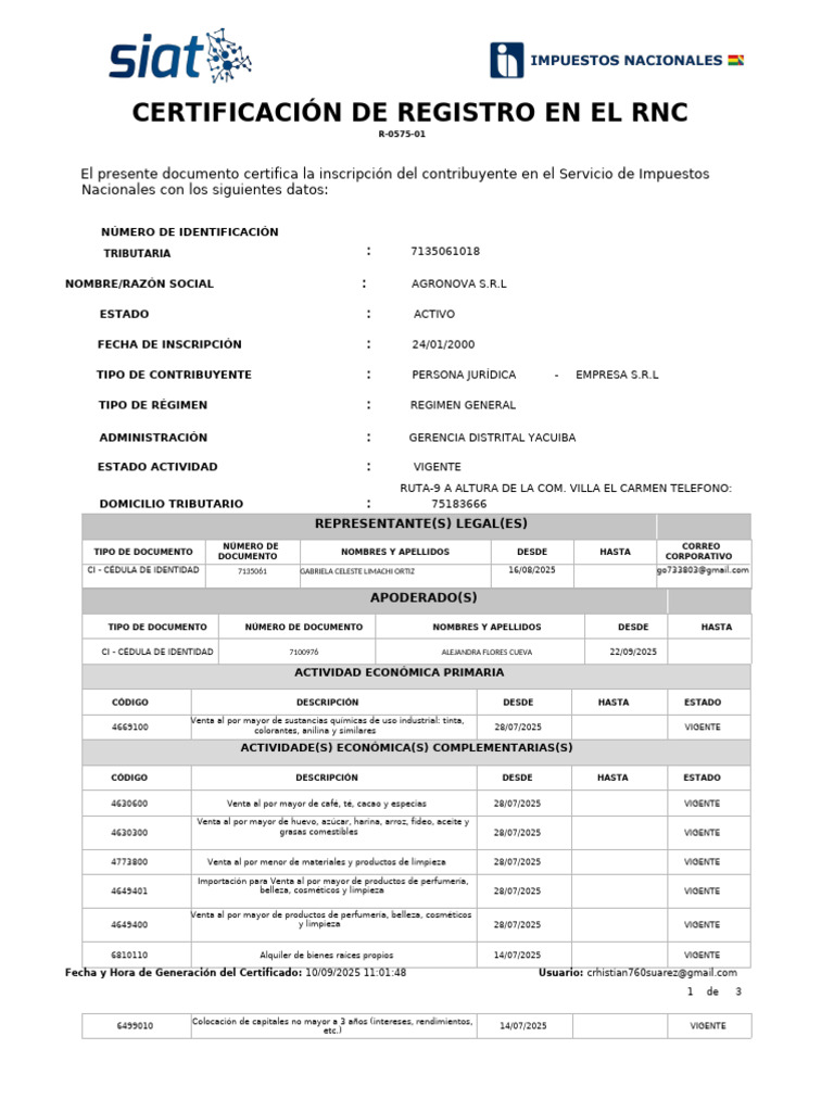 Certificación Registro RNC Agronova S.R.L | PDF