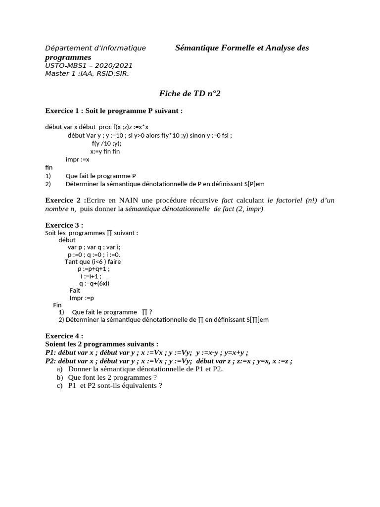 Sémantique des programmes en TD Informatique | PDF