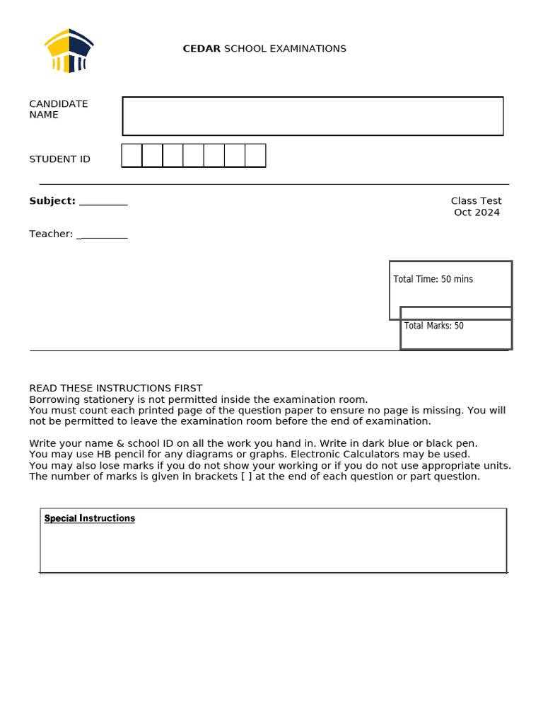 Cedar School Exam Instructions 2024 | PDF