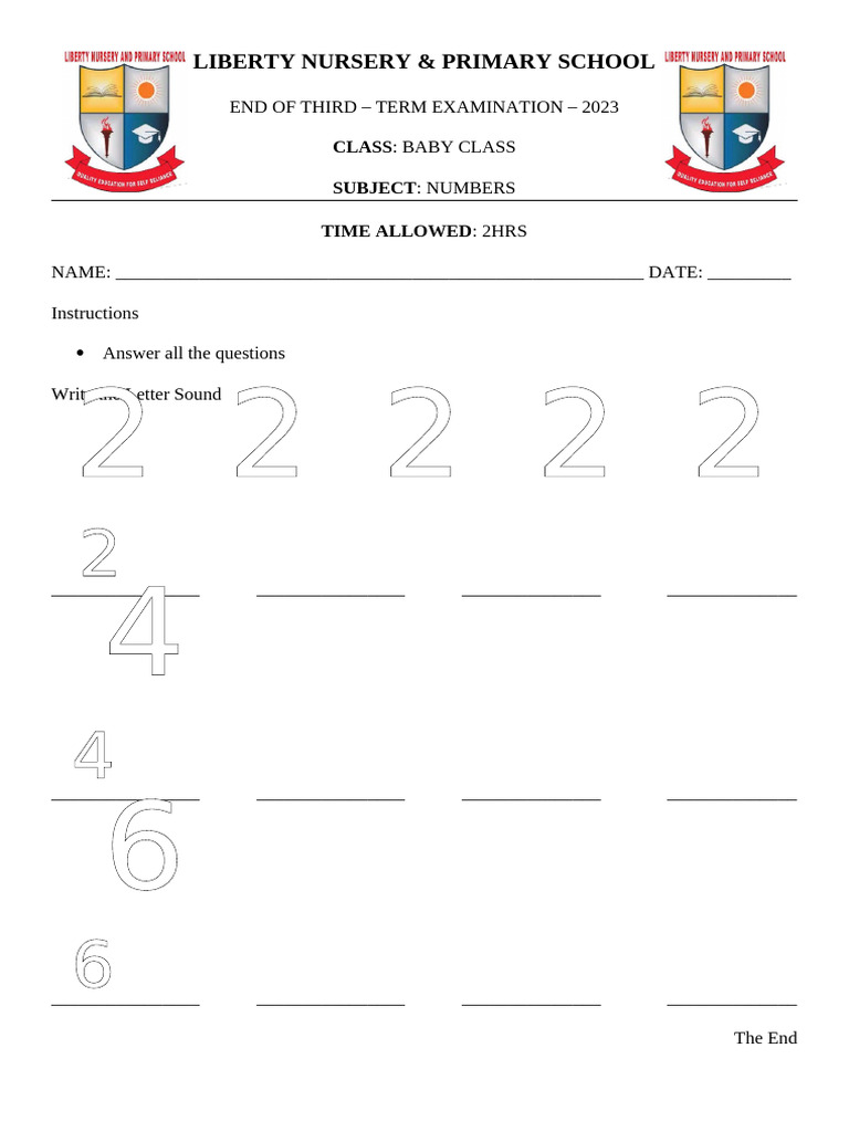 Baby Class Numbers Exam 2023 | PDF