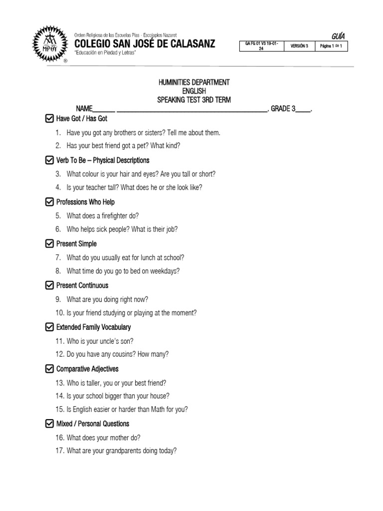 Grade 3 English Speaking Test Guide | PDF | English Language | Languages