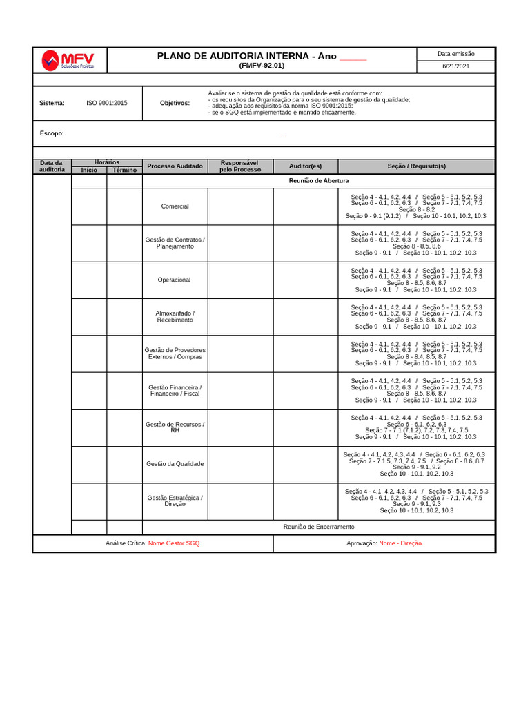 Plano de Auditoria Interna ISO 9001 | PDF | Business