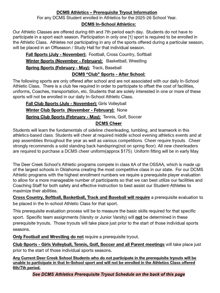 DCMS Athletics Tryout Schedule 2025-26 | PDF | Cheerleading | Sports