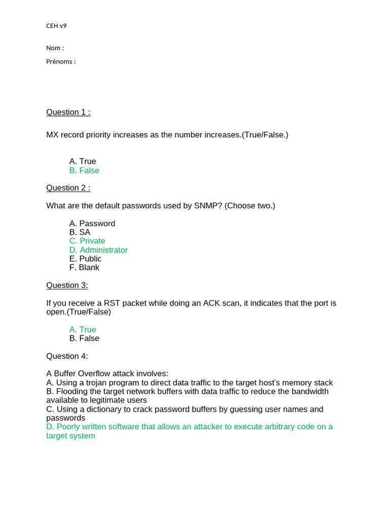 CEH v9 Practice Questions and Answers | PDF | Password | Computing