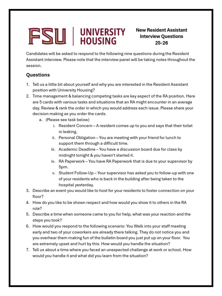 25-26 New Resident Assistant Interview Questions | PDF
