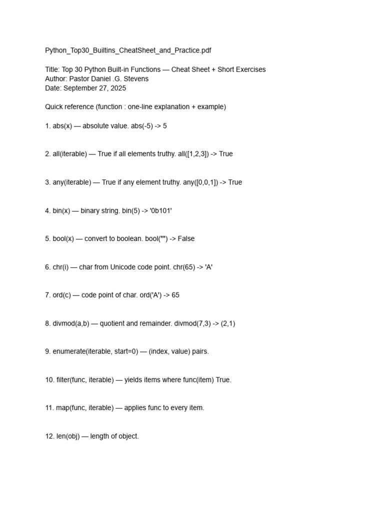Python - Top 30 Bulletin Cheat Sheet | PDF | Boolean Data Type | Computing