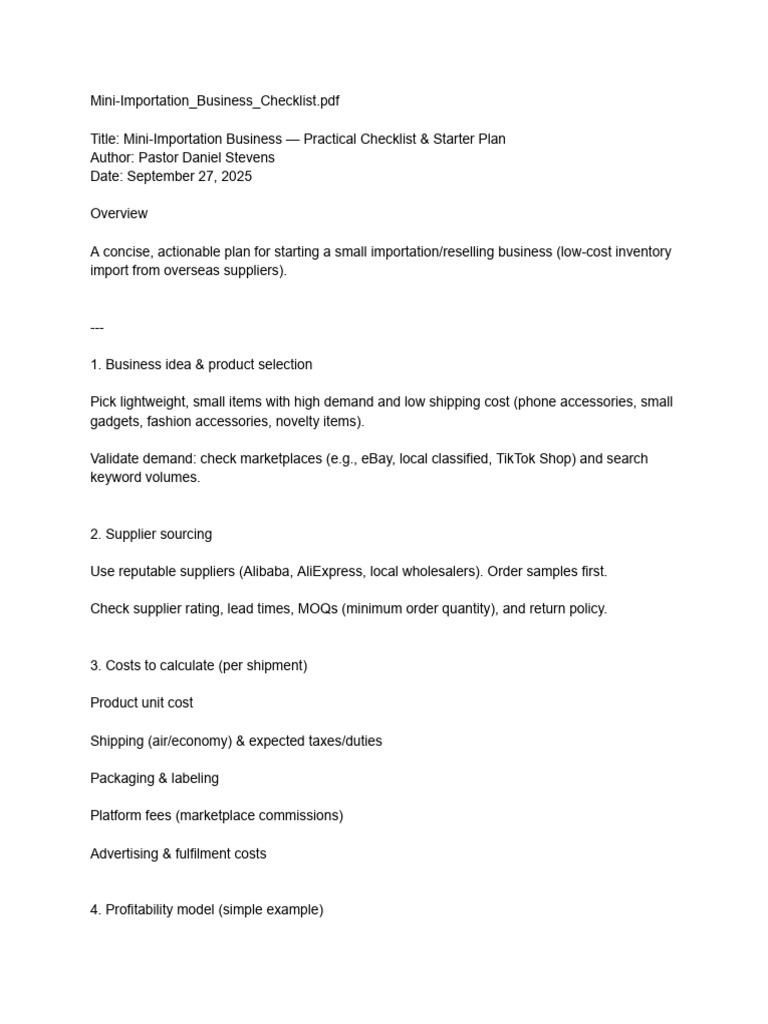Mini-Importation Business Checklist | PDF | Prices | Supply Chain