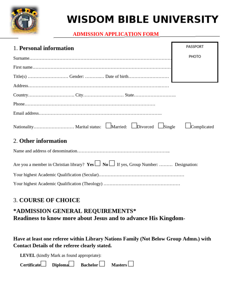 Two Pages Admission Application Form Wisdom Bible University 1 | PDF ...