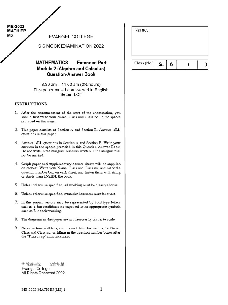 S.6 2022 Mock Math Exam: Algebra & Calculus | PDF | Equations | Mathematics