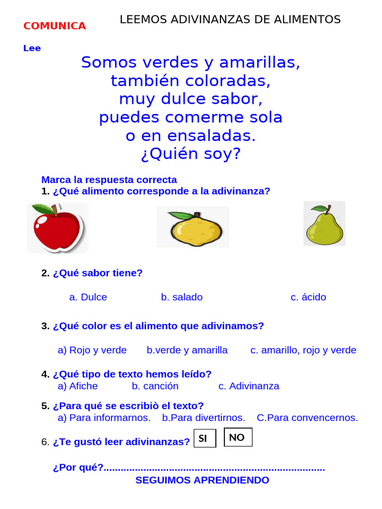 Adivinanzas sobre Alimentos para Niños | PDF