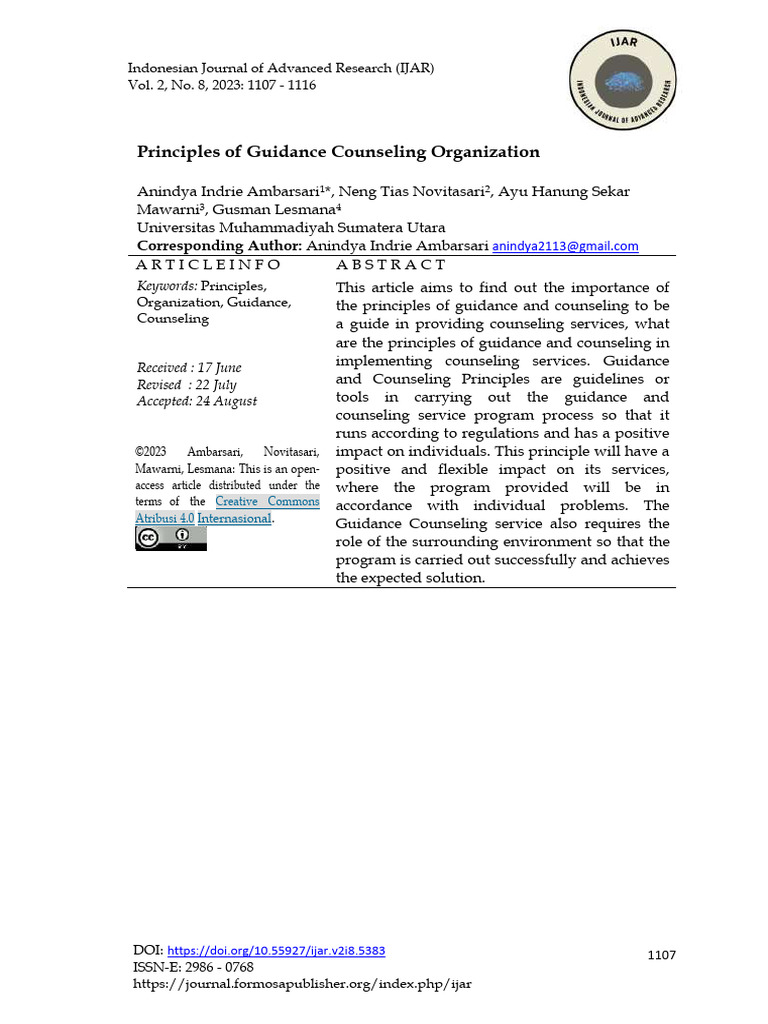 Principles of Guidance Counseling Organization: Corresponding Author | PDF