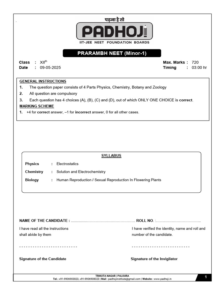 NEET Minor-1 Physics Exam Paper 2025 | PDF | Force | Electric Field