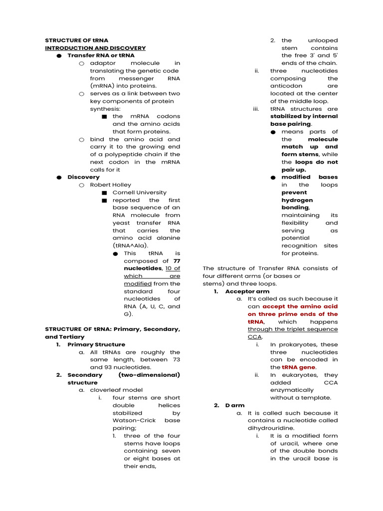 Structure and Function of tRNA | PDF | Translation (Biology) | Ribosome