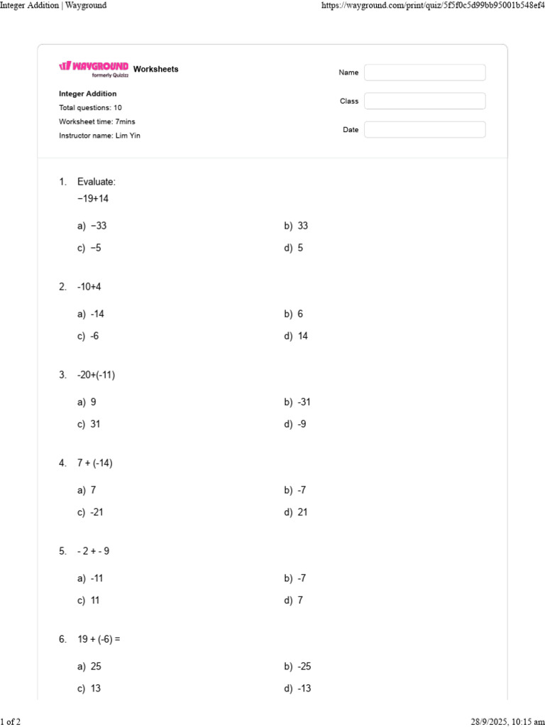 Integer Addition Worksheets for Students | PDF