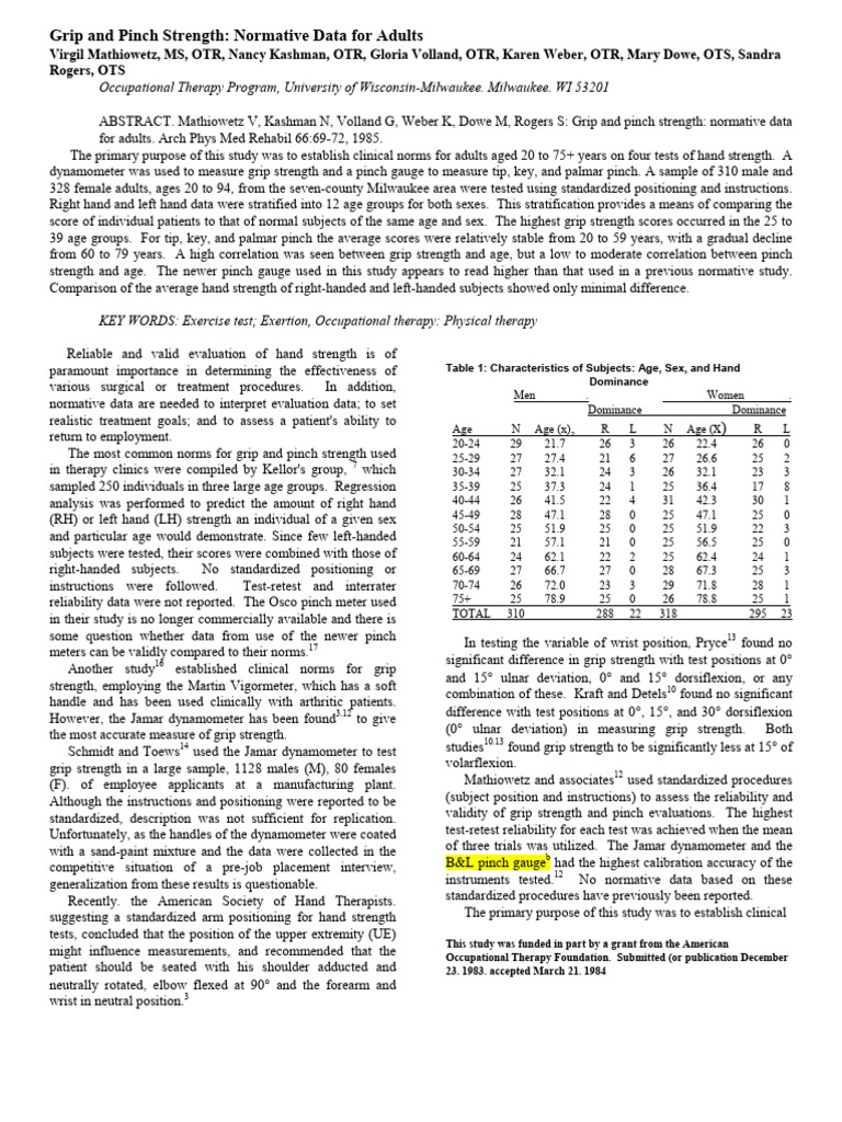 Grip and Pinch Strength Norms for Adults | PDF | Anatomical Terms Of ...