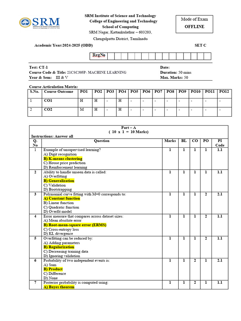 Machine Learning CT-1 Test Paper 2024 | PDF | Support Vector Machine ...
