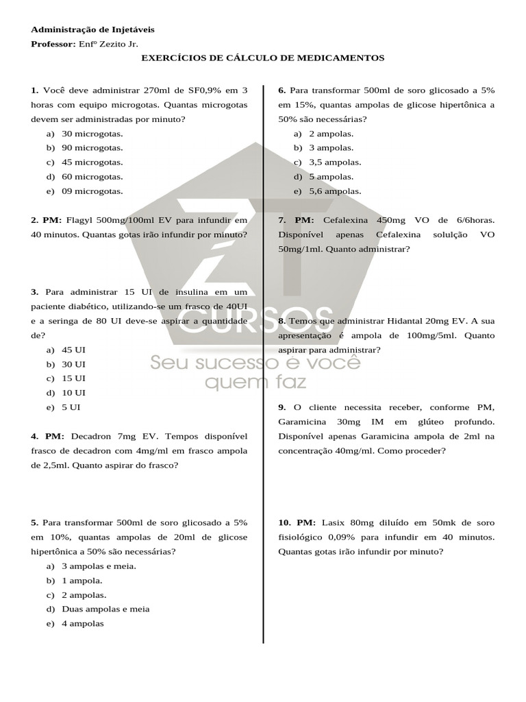 Exercícios de Cálculo de Medicamentos | PDF