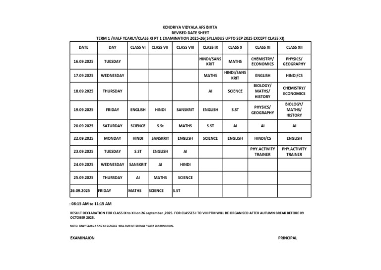 Class VI-XII Revised Exam Schedule 2025 | PDF