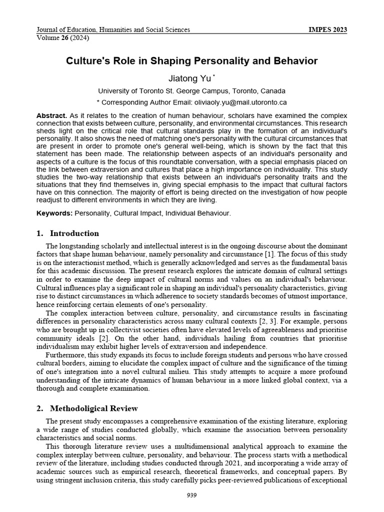 Culture's Role in Shaping Personality and Behavior: Jiatong Yu | PDF ...