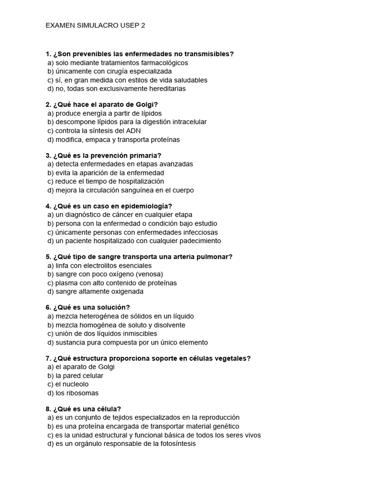 Examen Simulacro USEP 2: Biología y Salud | PDF | Sistema endocrino ...
