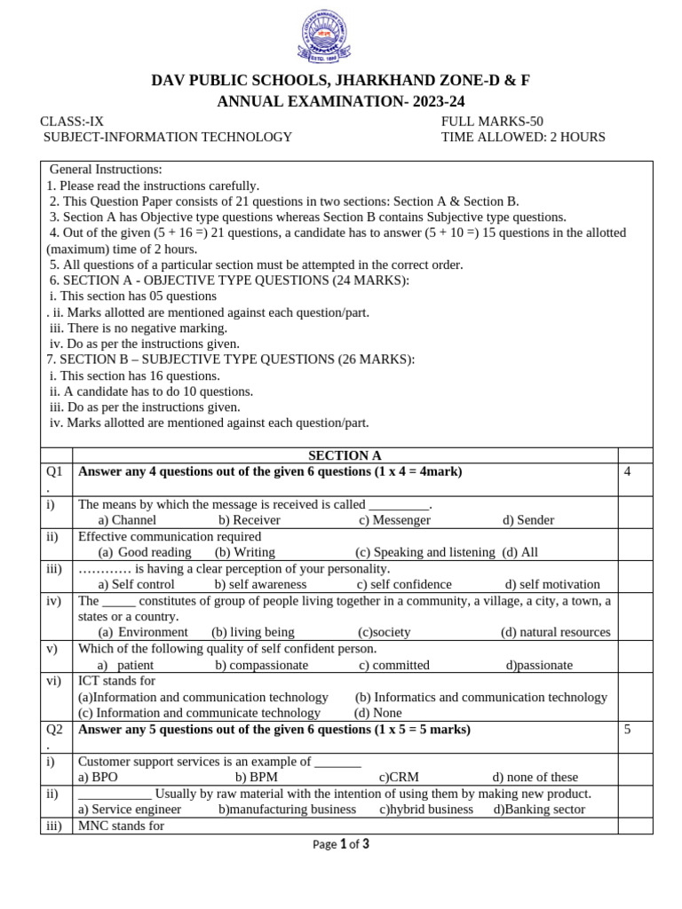 Class IX IT Annual Exam 2023-24 | PDF | Computing