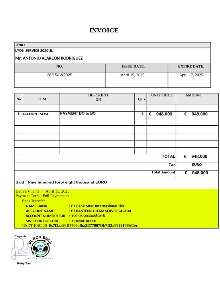 Invoice for SEPA Payment - €948,000 | PDF