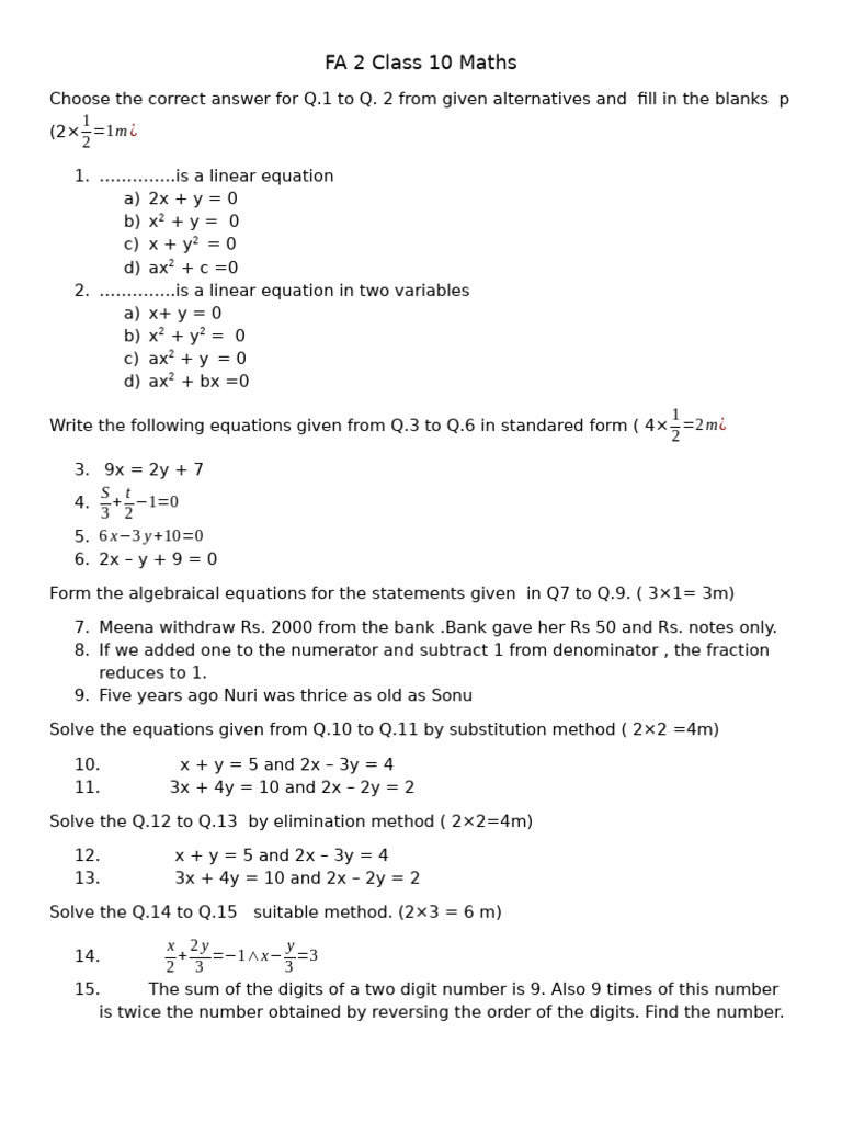 Class 10 Maths: Linear Equations & Solutions | PDF