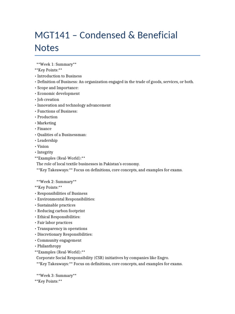 MGT141 Condensed Notes | PDF | Partnership | Organizational Structure