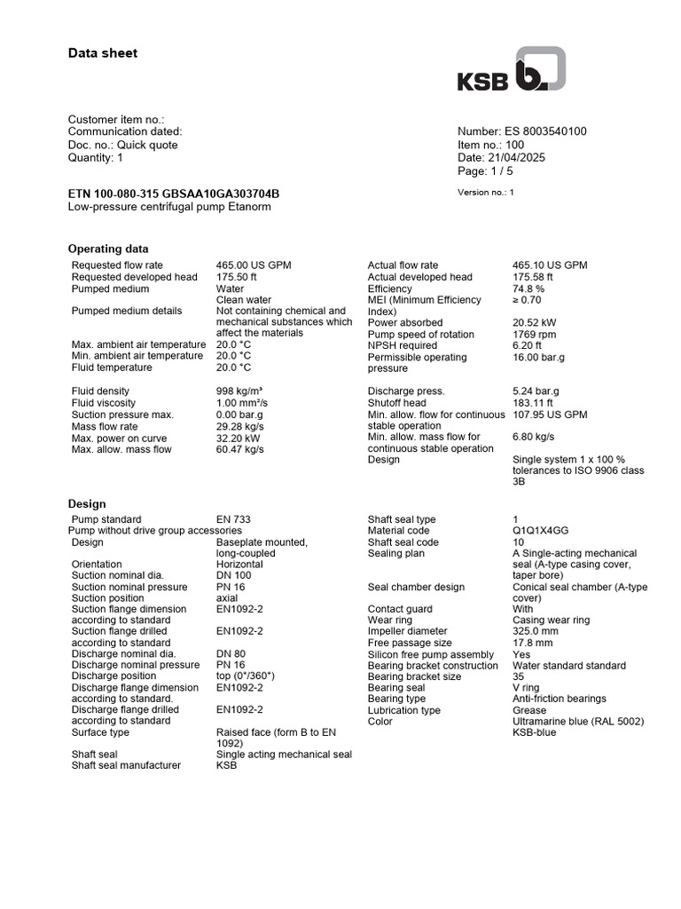 Low-Pressure Centrifugal Pump Data Sheet | PDF | Pump | Applied And ...