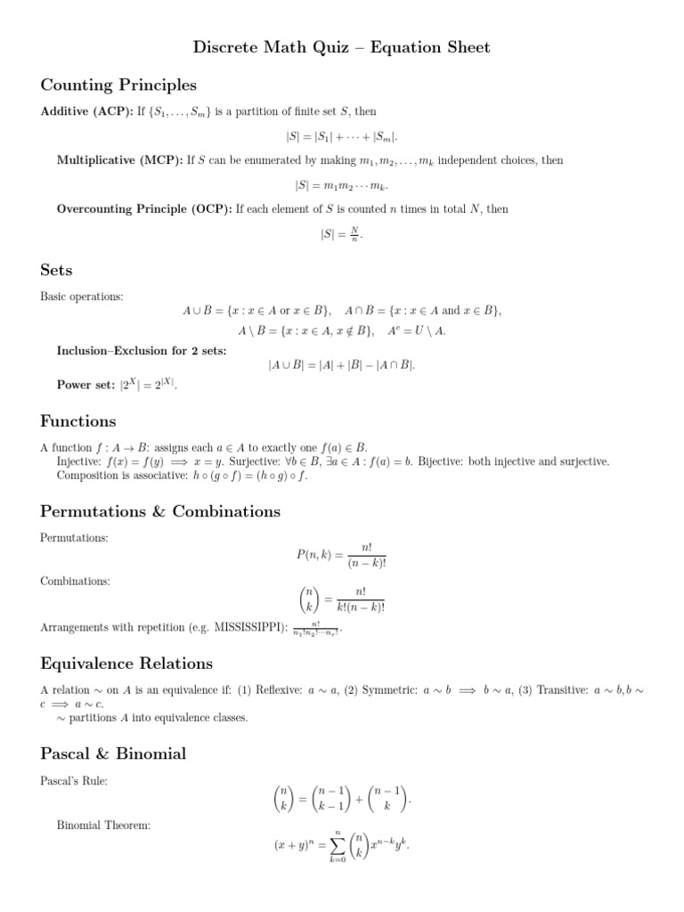 Discret Math Quiz 1 Sheet | PDF | Algebra | Mathematical Analysis