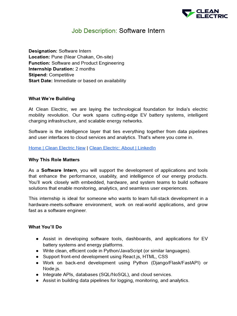 Software Intern Position at Clean Electric | PDF | Software | Software ...