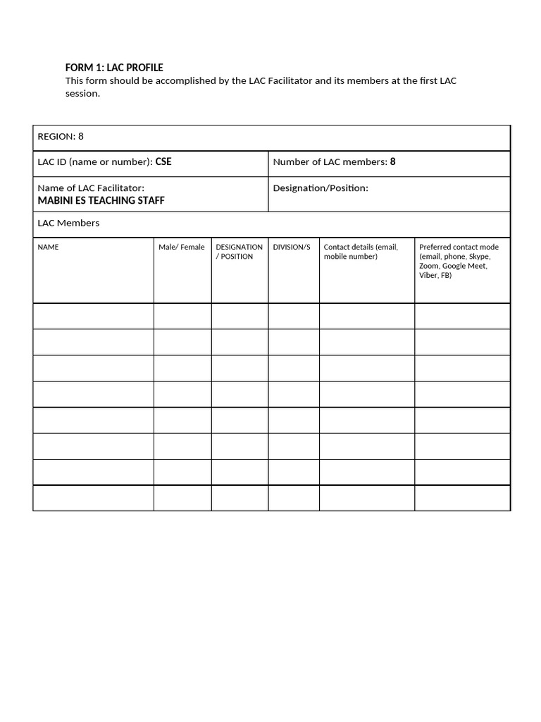 LAC Profile Form for Region 8 | PDF